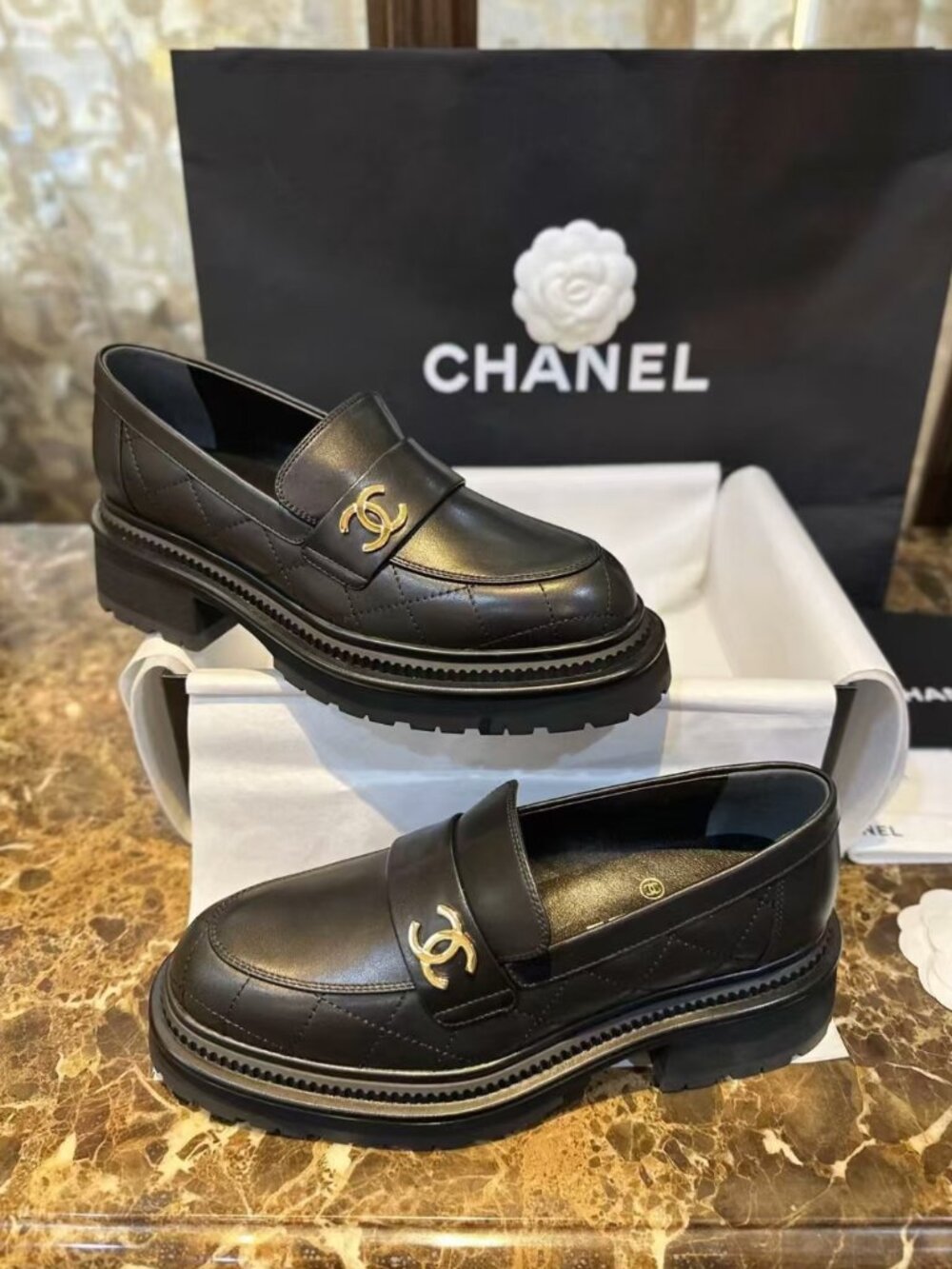 Chanel Black Quilted Leather Platform Loafers